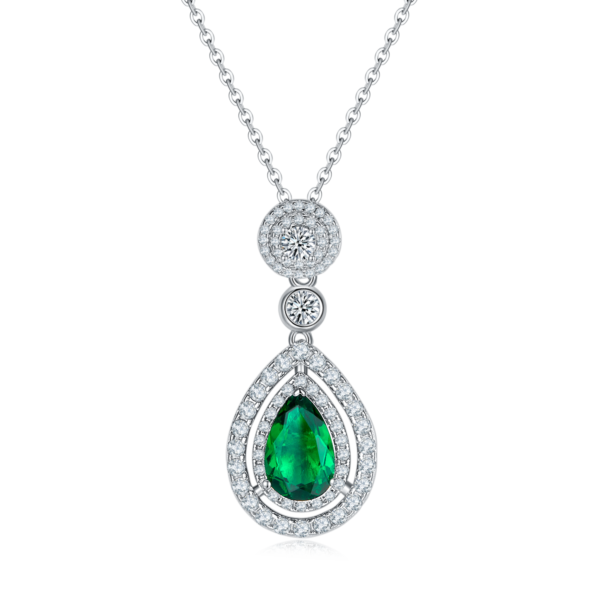 Pear shaped lab-grown emerald S925 silver-plated white gold necklace (BZH119O) - Image 2