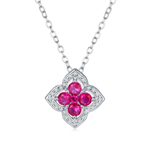 Clover Labed Ruby S925 silver-plated white gold necklace (BZH123O) - Image 2