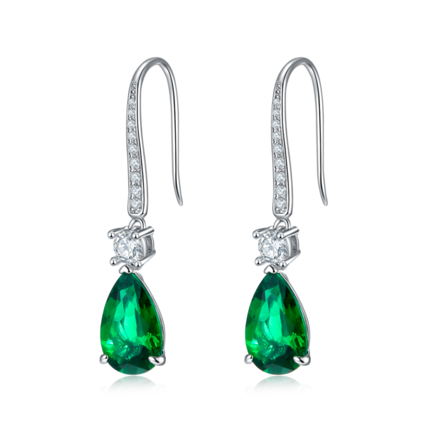 Pear-shaped lab-grown emerald S925 silver plated white gold earrings (BZH101S) - Image 2