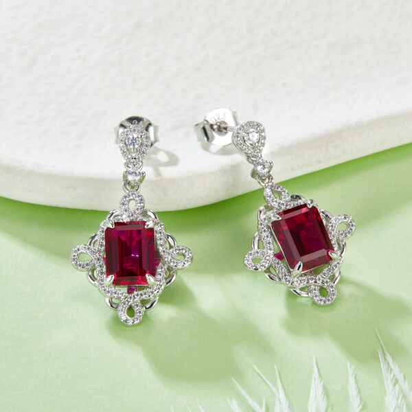 Baguette Lab Ruby S925 Silver Plated White Gold Earrings 4 (BZH93S)