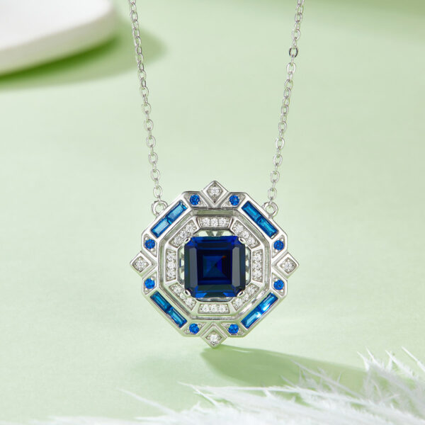 Princess-shaped lab-grown sapphire S925 silver-plated white gold necklace (BZH104O)