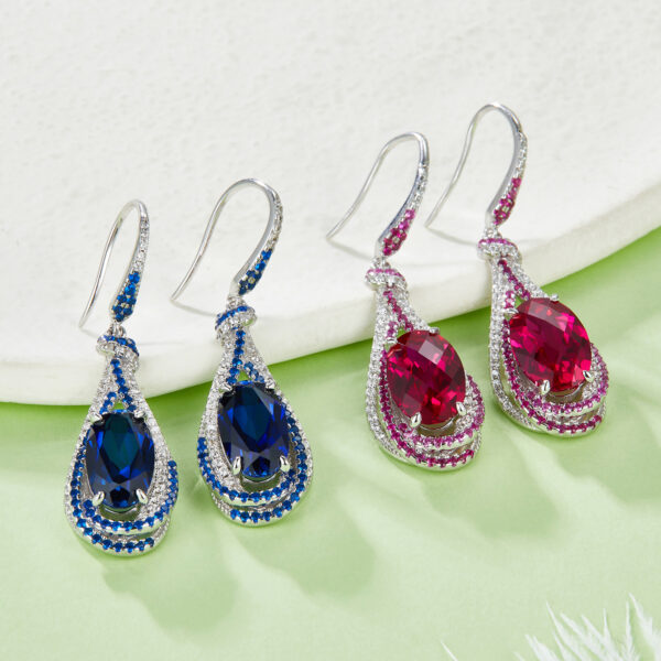 Egg-shaped nurtured colored gemstone S925 silver plated white gold earrings (BZH92S) - Image 5