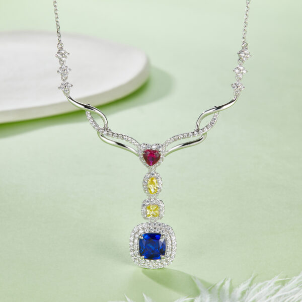 Cushion-shaped cultured colored gemstone S925 silver-plated white gold necklace (BZH110O)